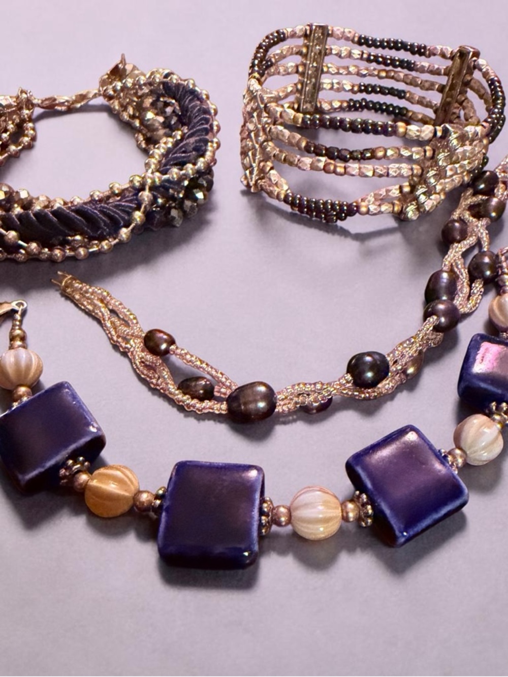Blue Beaded Statement Necklace and Bracelet Set